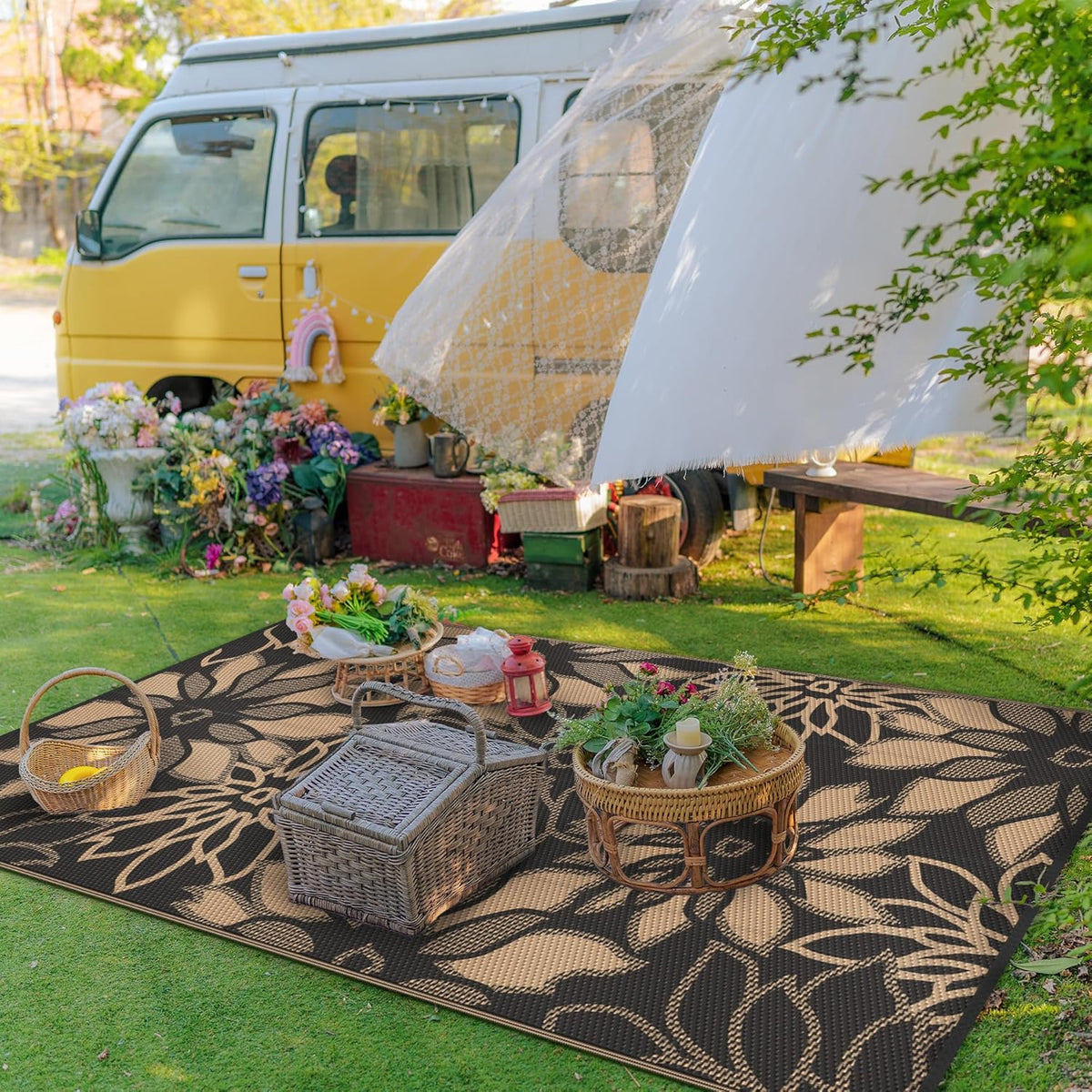 GENIMO Outdoor Rug Waterproof for Patio Decor, 8' x 10' Reversible Plastic Straw Floral Camping