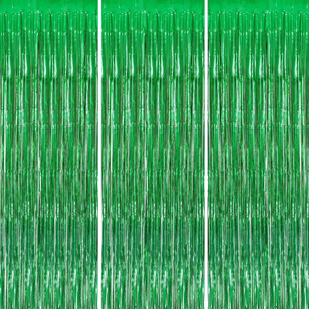 3 Pack Foil Fringe Backdrop - Green Shiny Tinsel Curtains for Party Decoration/Photo Booth Props