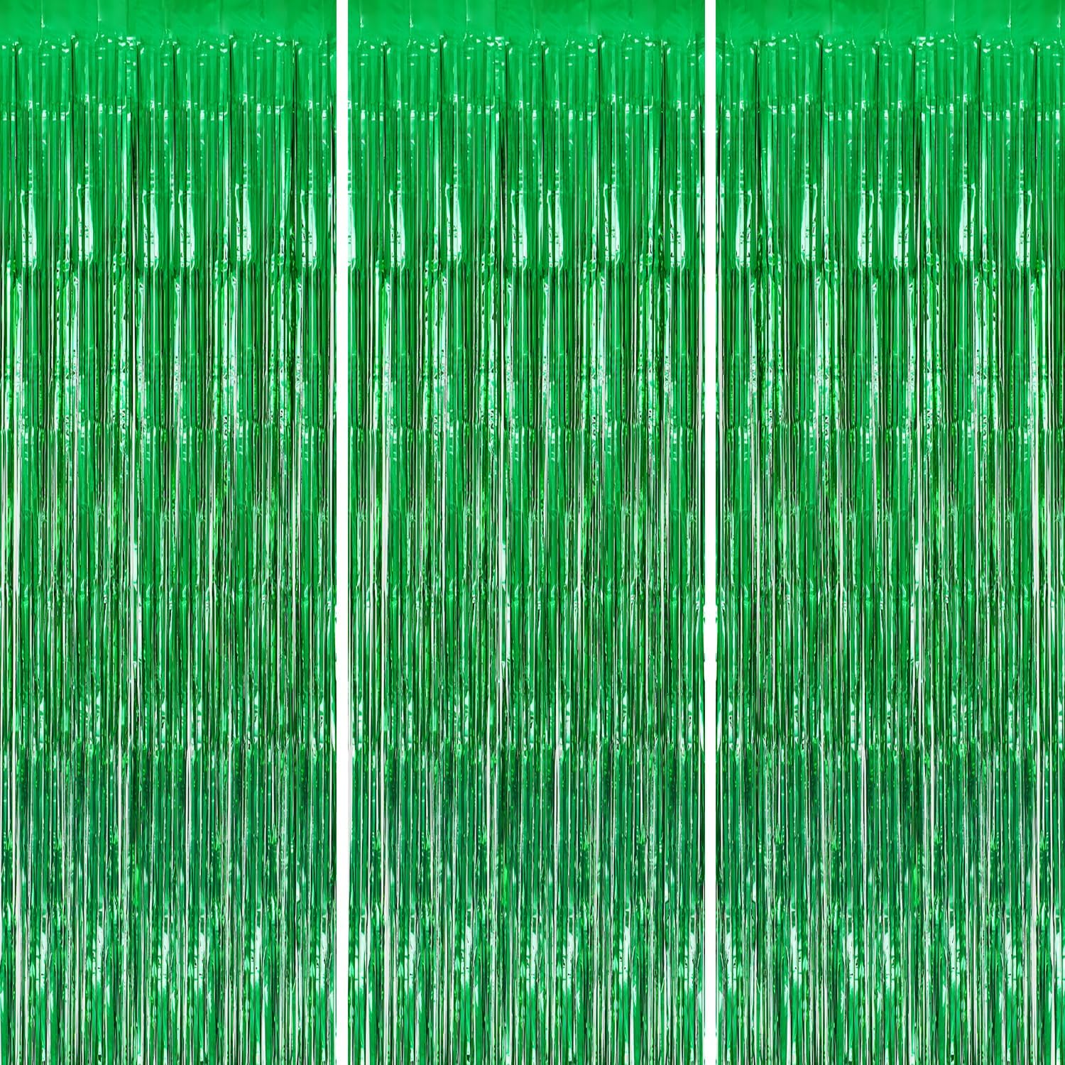 3 Pack Foil Fringe Backdrop - Green Shiny Tinsel Curtains for Party Decoration/Photo Booth Props
