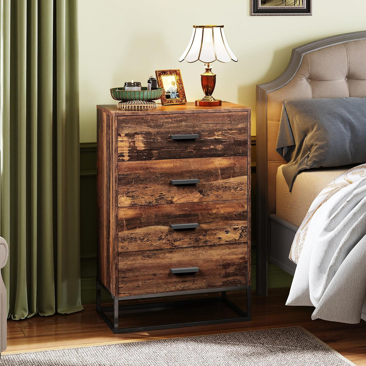 WLIVE Wood Dresser for Bedroom with 4 Drawers, Tall Dresser with Sturdy Metal Frame, Wooden Chest