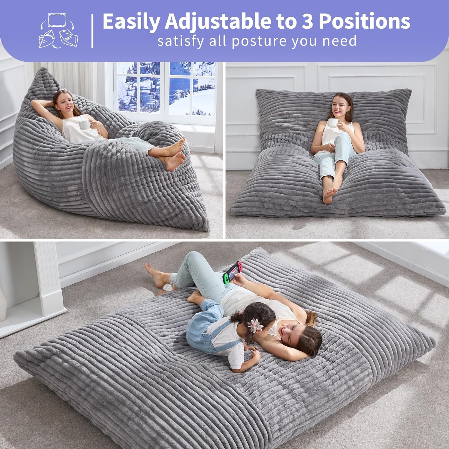 Hobestluk 3 in 1 Bean Bag Chair Giant Bean Bag Chairs Convertible Bean Bag Floor Cushion with