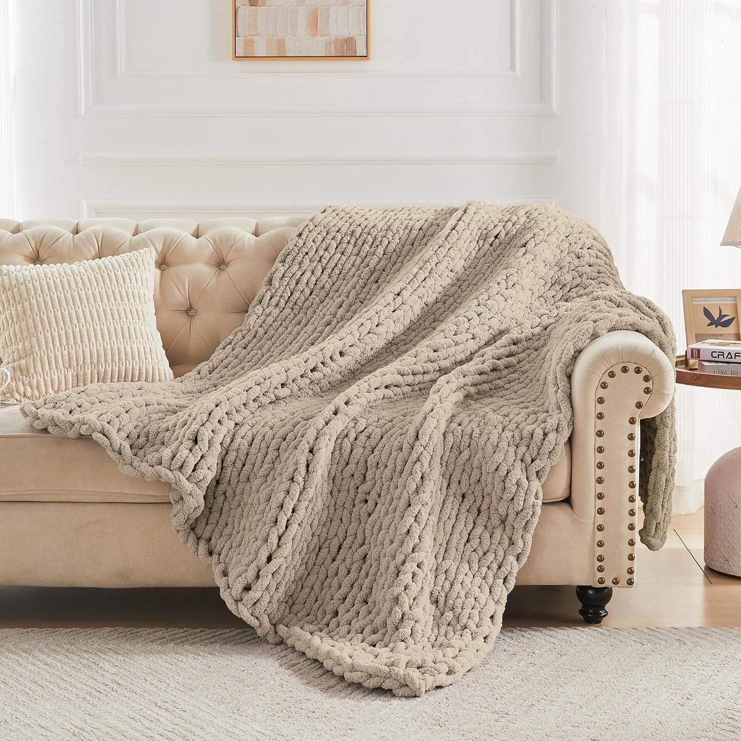 Carriediosa Chunky Knit Throw Blanket 60" X 80" Twin, 100% Hand Made Large Chenille Loop Yarn Soft