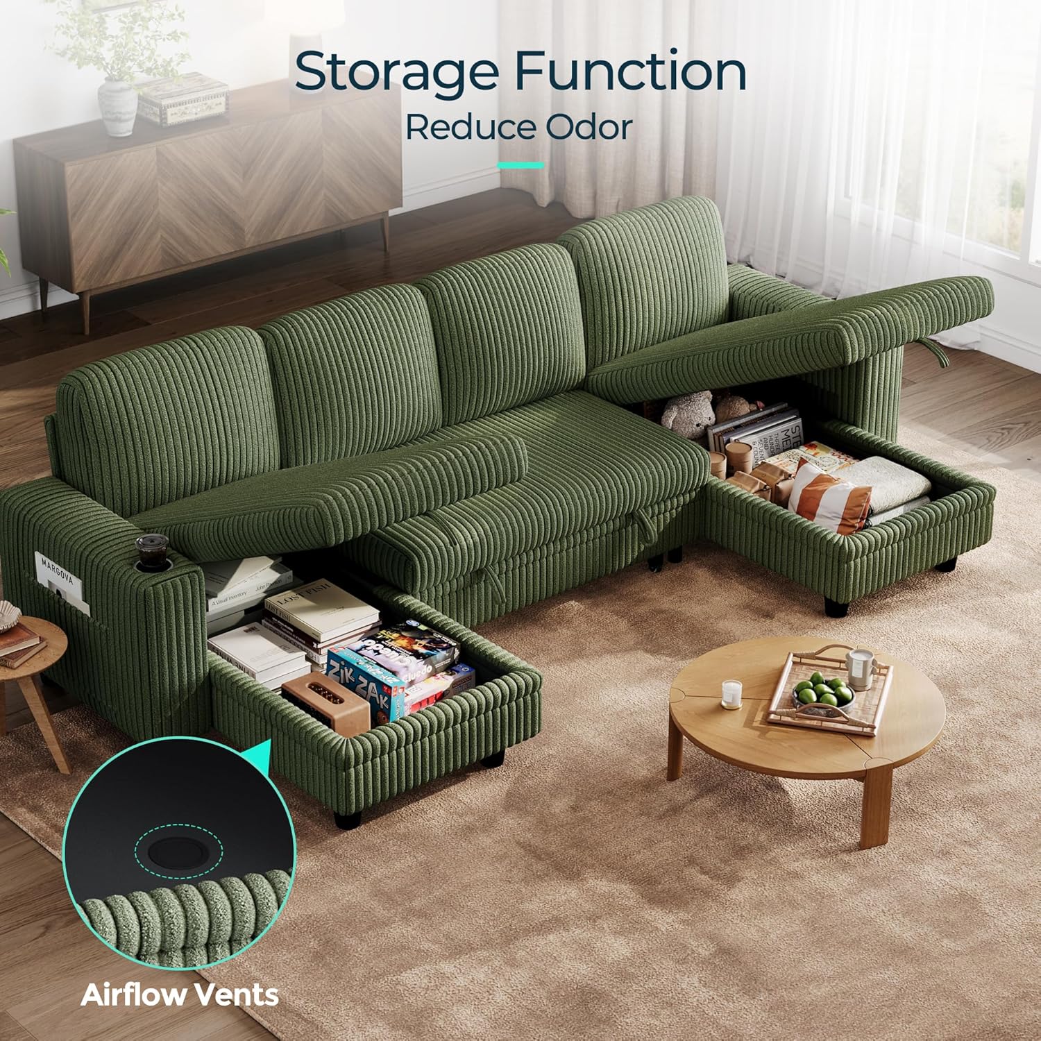 LINSY HOME Sectional Sleeper Sofa with Pull Out Couch Bed - Convertible Plush Corduroy Cloud Couch