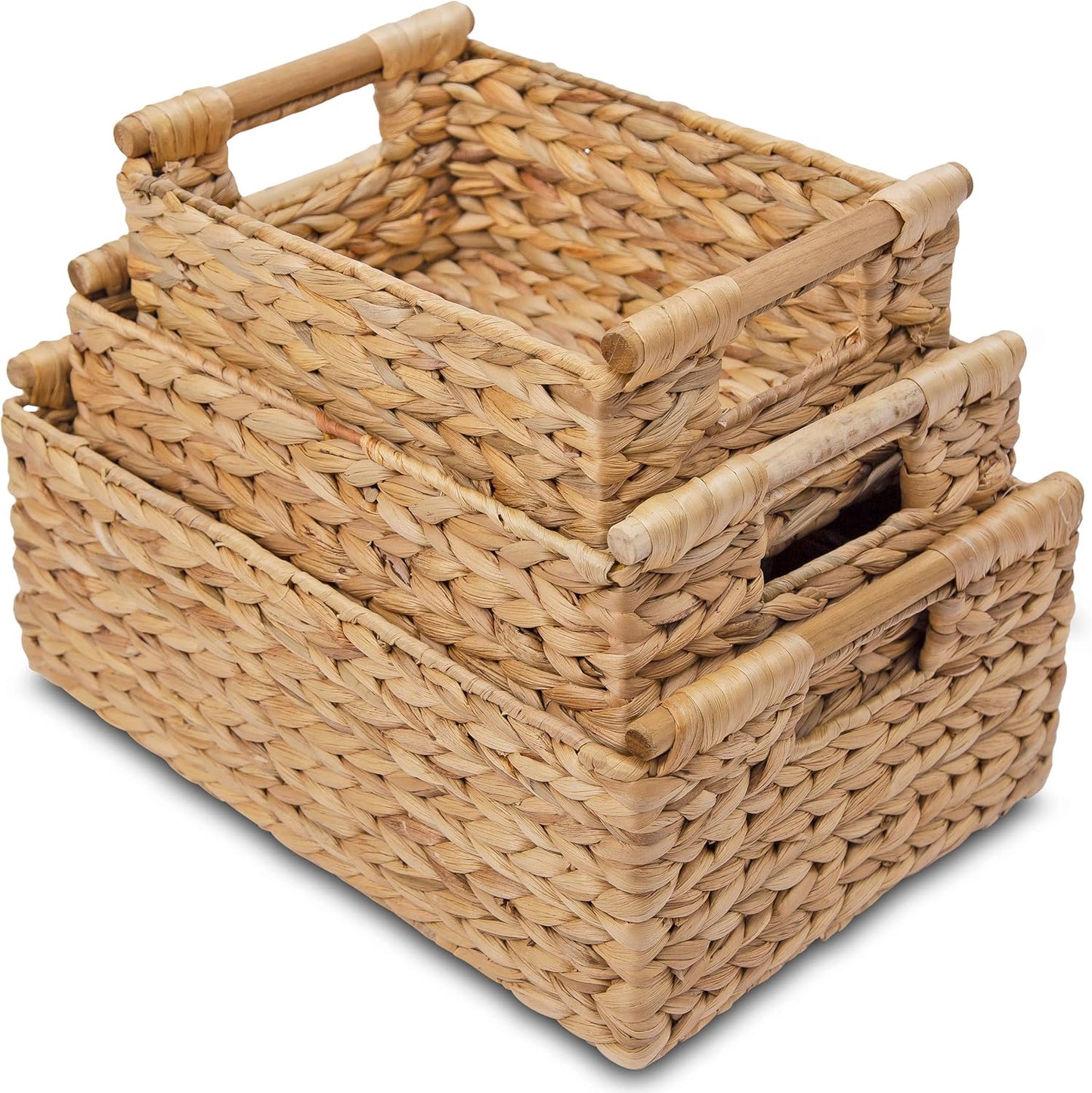 VATIMA Hyacinth Wicker Basket Set 3 size - Rectangular, Wooden Handles, Shelf Organizer, Natural