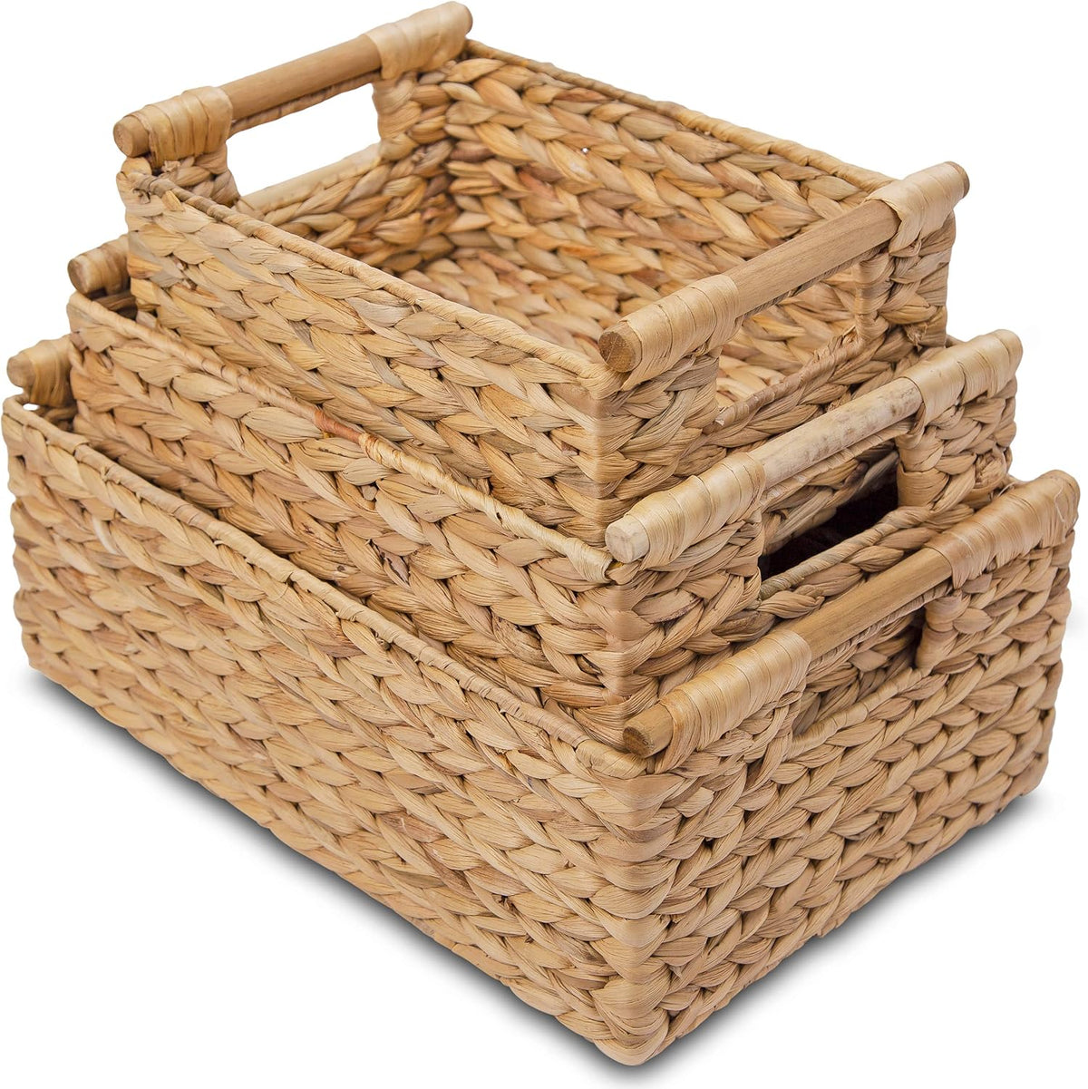 VATIMA Hyacinth Wicker Basket Set 3 size - Rectangular, Wooden Handles, Shelf Organizer, Natural