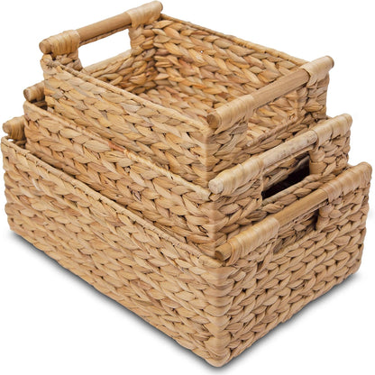 VATIMA Hyacinth Wicker Basket Set 3 size - Rectangular, Wooden Handles, Shelf Organizer, Natural