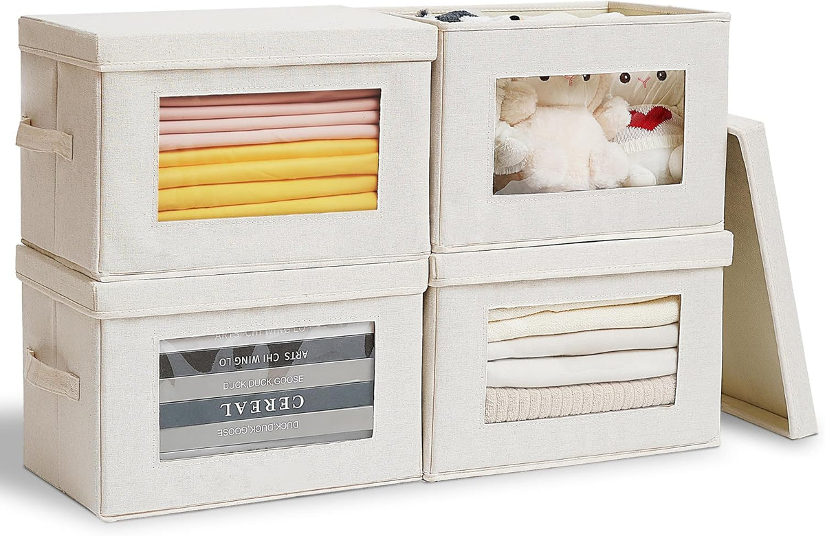 Citylife 4-Pack Storage Bins with Lids, Fabric Foldable Storage Bins with Soft Cord Handles, Cube