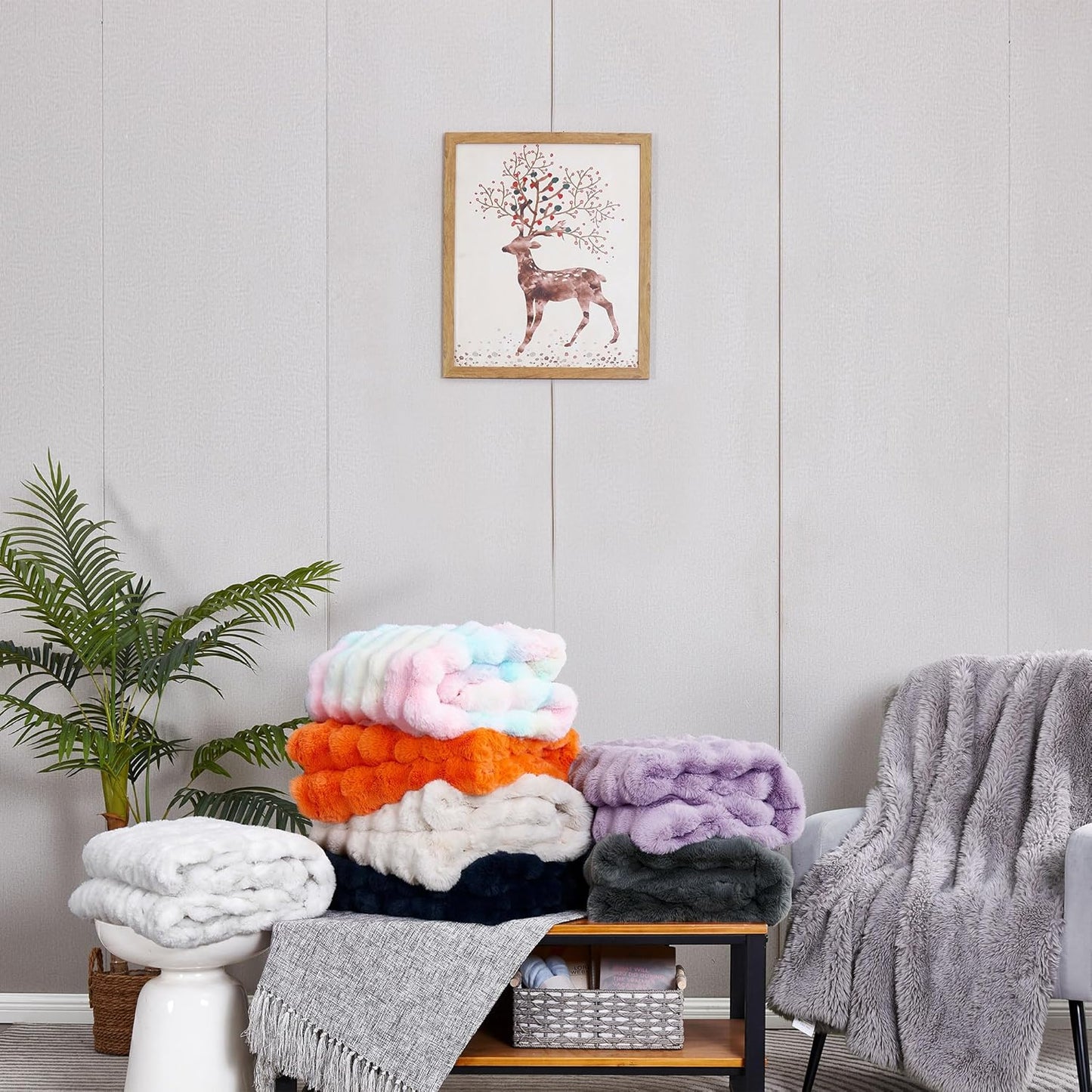 DREAMNINE Large Colorful Soft Fluffy Bubble Faux Rabbit Fur Blanket Queen Size 80" x 90", Luxury