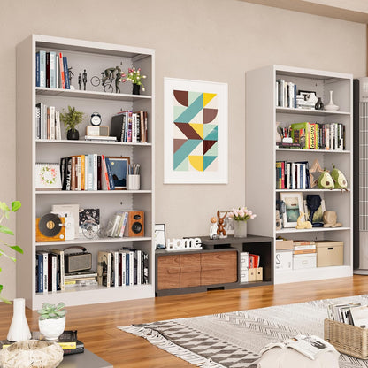 66" Tall Metal Bookcase, 5 Shelf White Bookcase with Adjustable Shelves, Large Bookshelves and