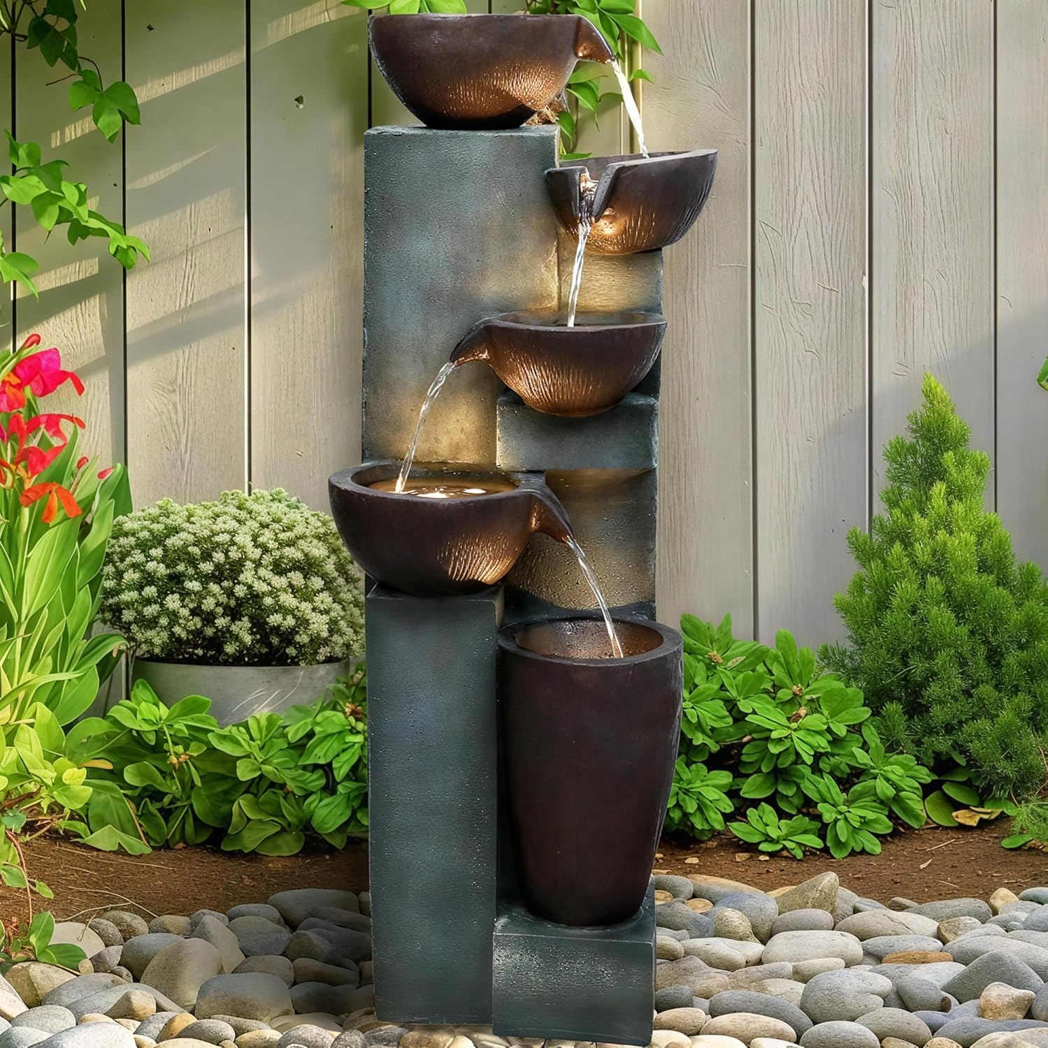 Naturefalls 39.7in.Modern Outdoor Fountain -5-Tier Resin Water Feature, Indoor Outdoor Garden