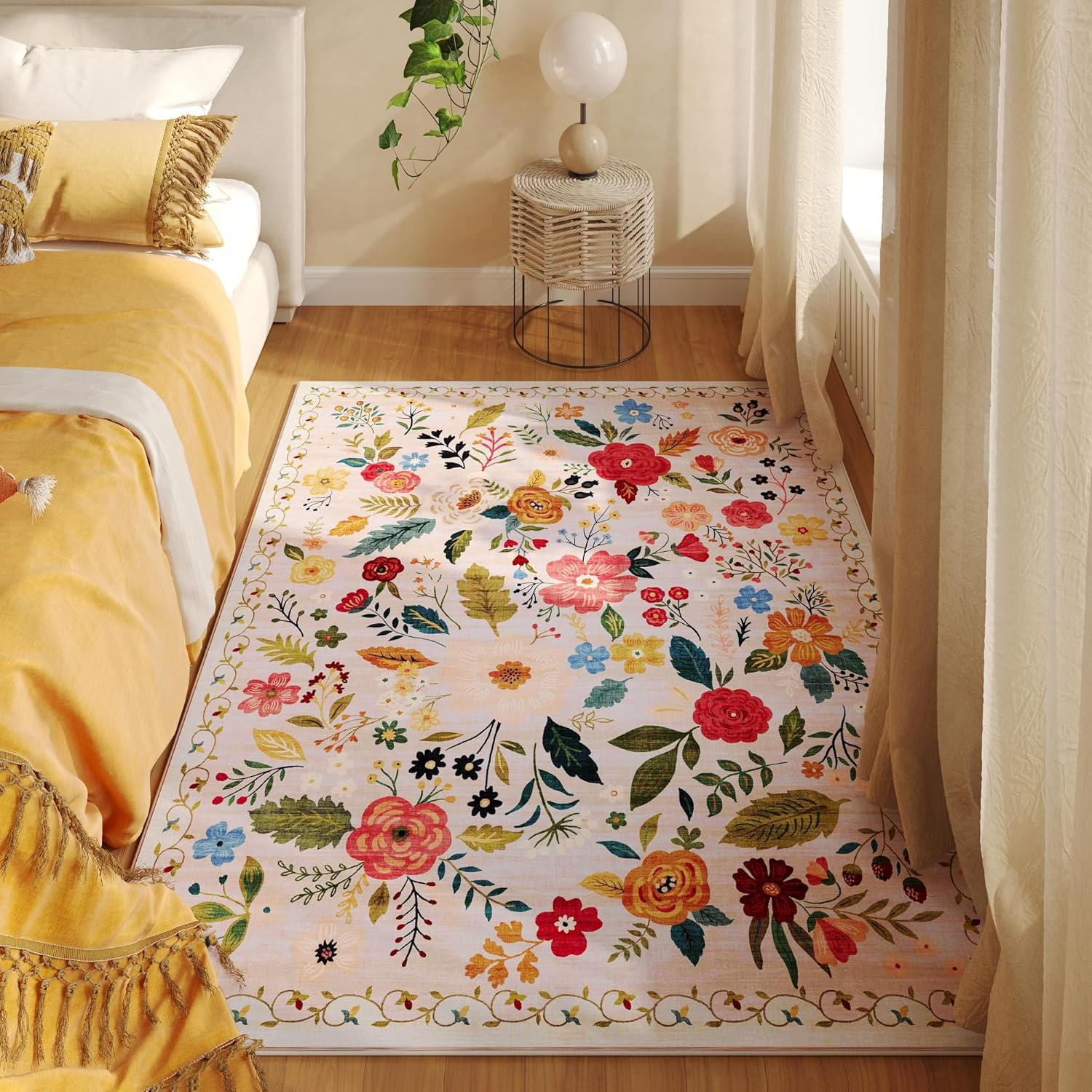 Area Rug 4x6 Rug Washable Boho Rugs Non Slip Low Pile Floral Small Carpet for Bedroom, Bedside