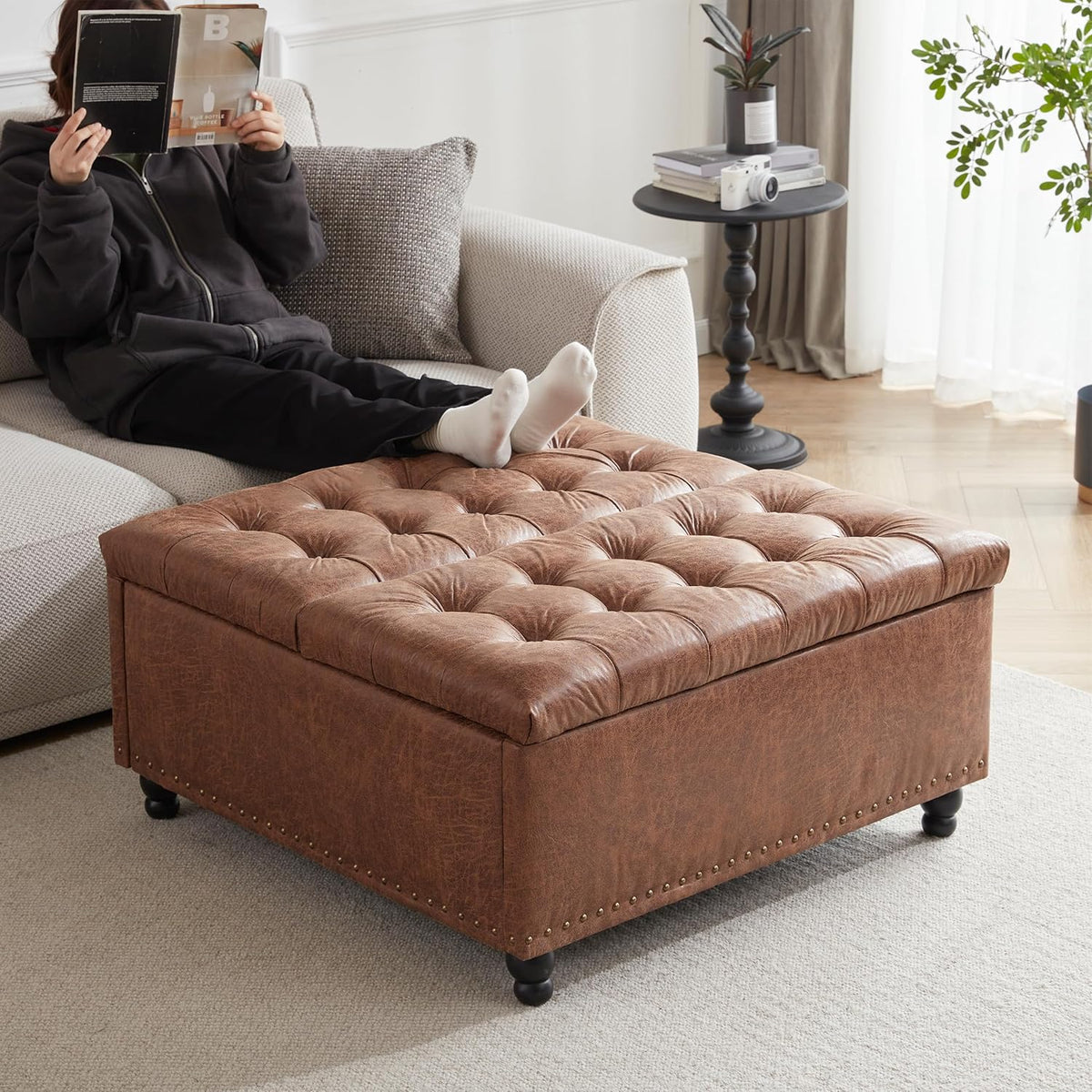 Tbfit Large Square Storage Ottoman Bench, Tufted Upholstered Coffee Table Ottoman with Lift Top &