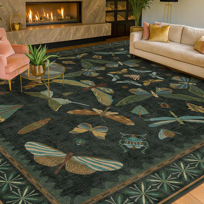 Green Living Room Rug - Vintage Washable Dark Green 10x14 Rug for Dining Room Under Table, Bedroom