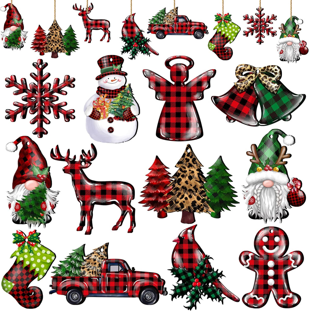 24 Pieces Christmas Wood Ornaments Snowflake Gnome Snowman Truck Wooden Hanging Ornaments Christmas