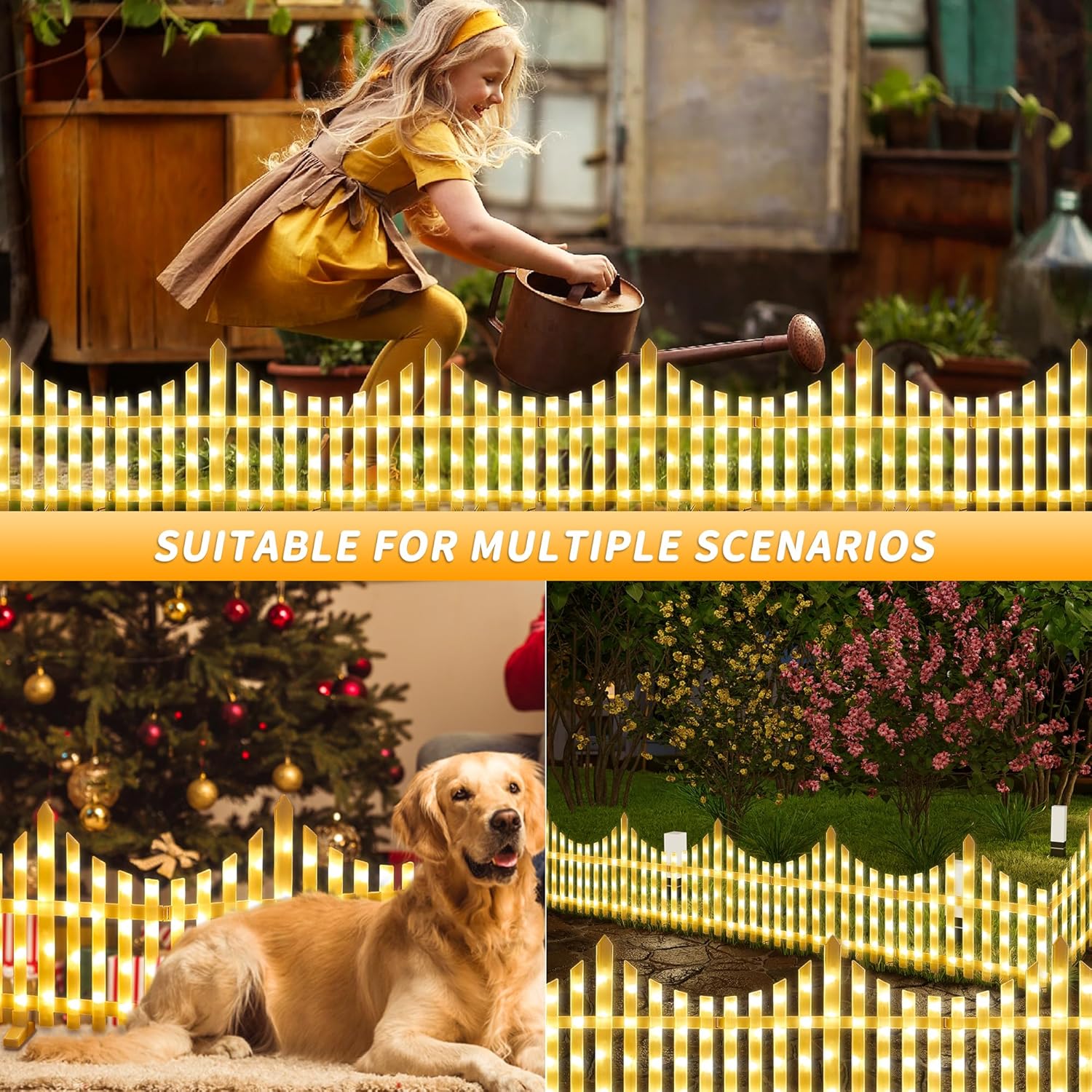 Hopolon 4 Pack Solar Garden Lights Outdoor, 11.1in (H) X 4.6ft (L) 144 Led White Picket Fence