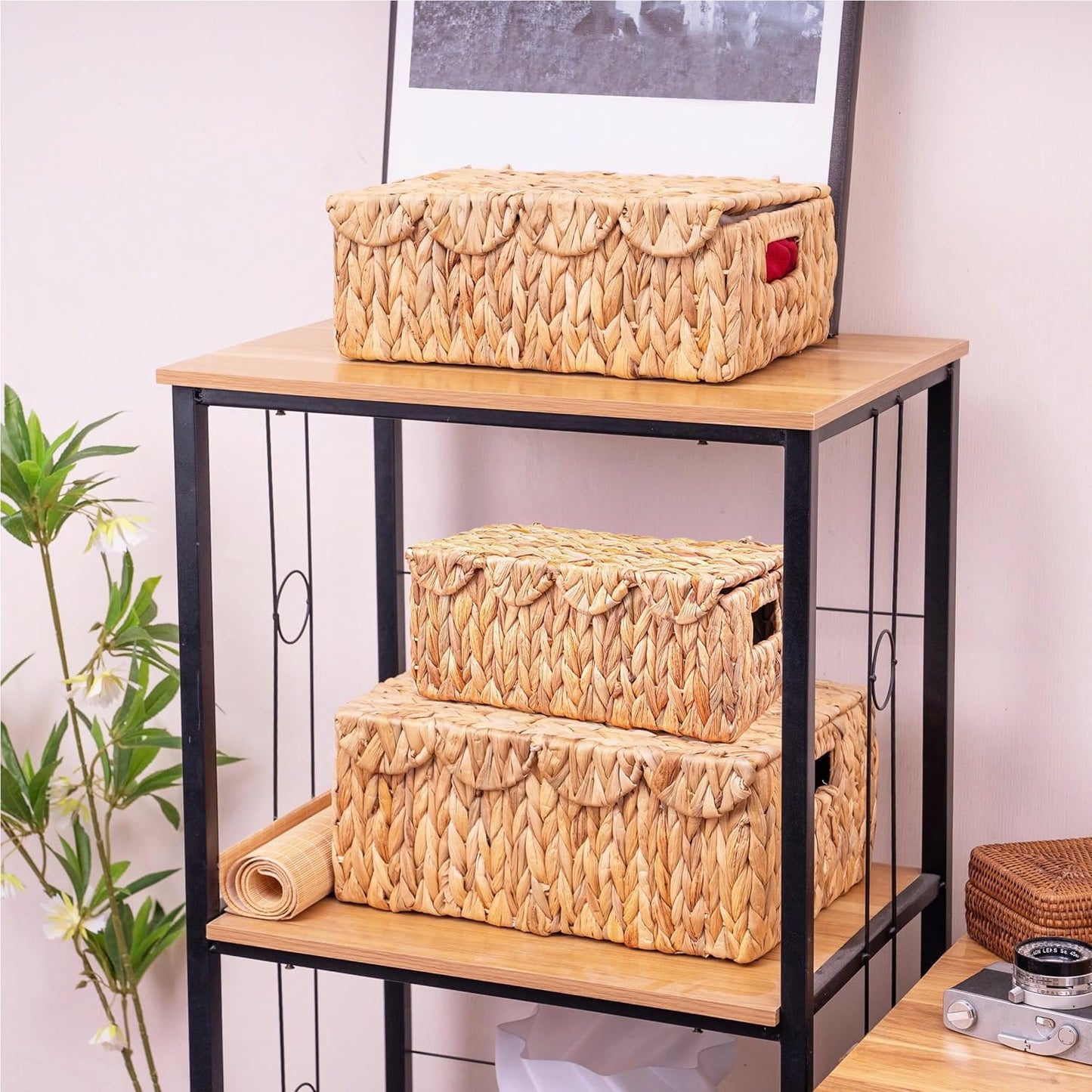 Set of 3 Scalloped Edge Wicker Basket with Lid, Rectangle Wicker Storage Basket with Built-in