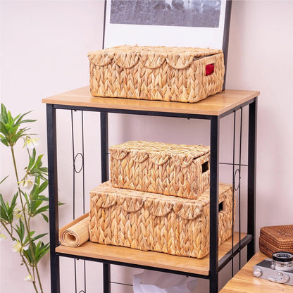 Set of 3 Scalloped Edge Wicker Basket with Lid, Rectangle Wicker Storage Basket with Built-in