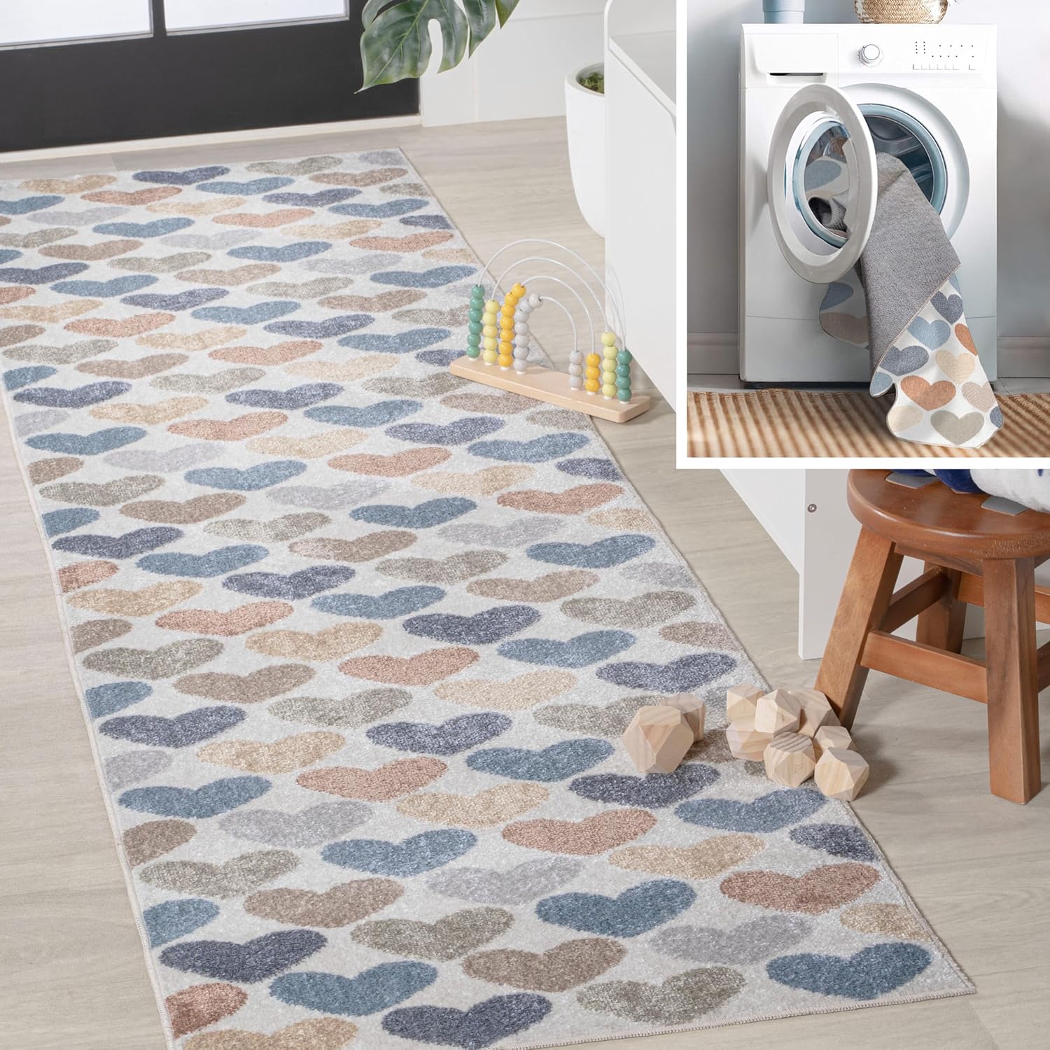 JONATHAN Y Machine-Washable Ivory/Blue/Orange Runner Rug, 2x8, Dila Modern Hearts Geometric, Kids &