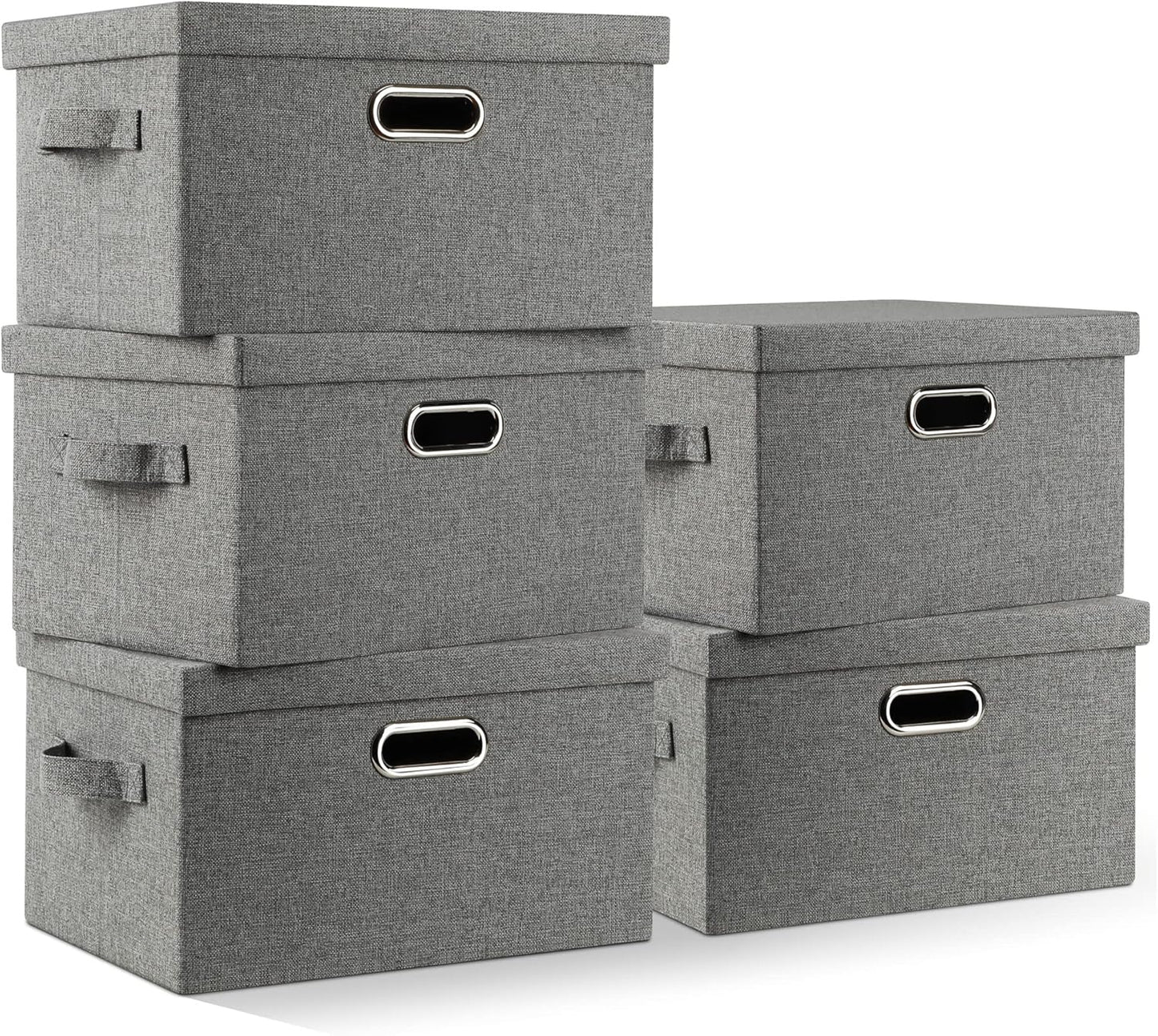 Medium 15" 21 Quart Collapsible Stackable Storage Bins with Lids, 5 Packs Grey Foldable Fabric