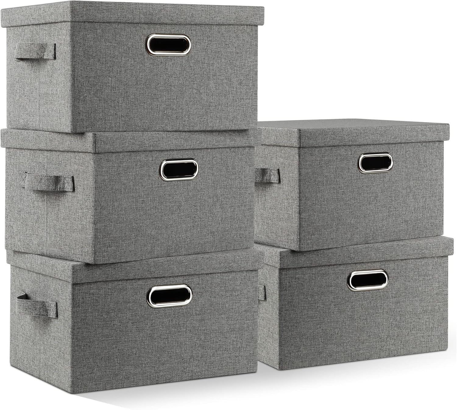 Medium 15" 21 Quart Collapsible Stackable Storage Bins with Lids, 5 Packs Grey Foldable Fabric