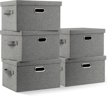 Medium 15" 21 Quart Collapsible Stackable Storage Bins with Lids, 5 Packs Grey Foldable Fabric