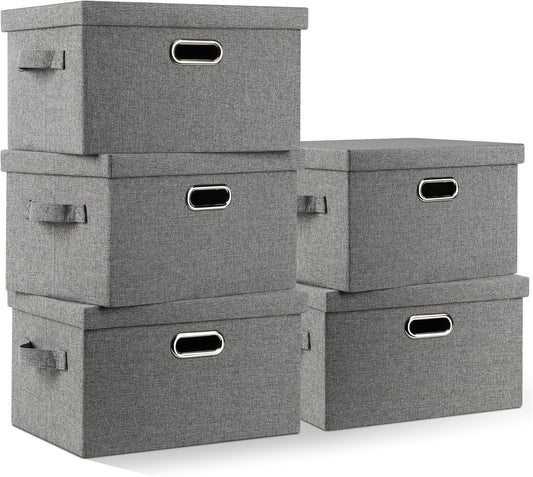 Medium 15" 21 Quart Collapsible Stackable Storage Bins with Lids, 5 Packs Grey Foldable Fabric