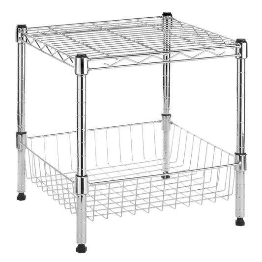 Whitmor 2-Wire Shelving Unit, Metal Storage Shelves, Stacking Shelf with Basket, Easy Assembly Home