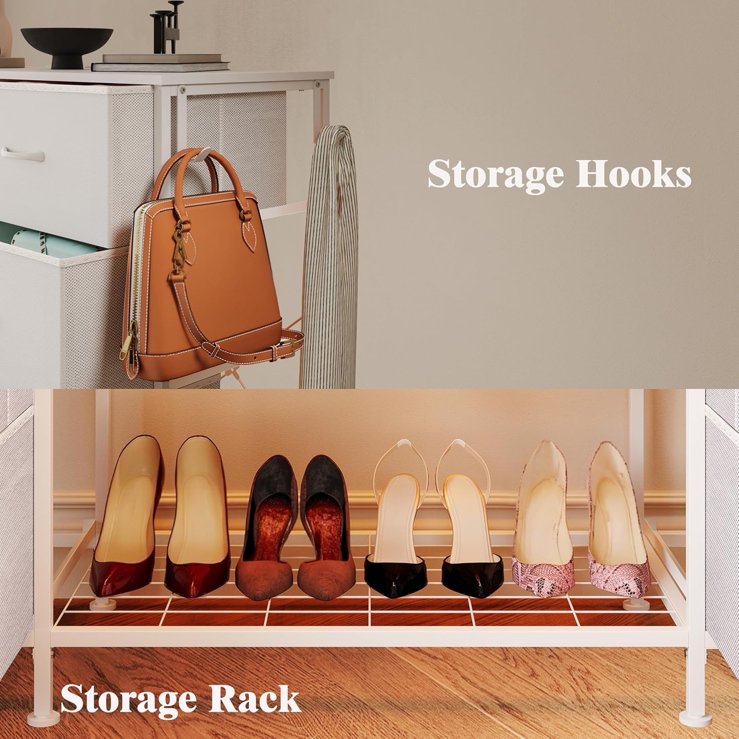 LUMTOK 55" W 2-in-1 Dresser with Hanging Rack, 10 Drawers Dresser for Bedroom, White Drawer