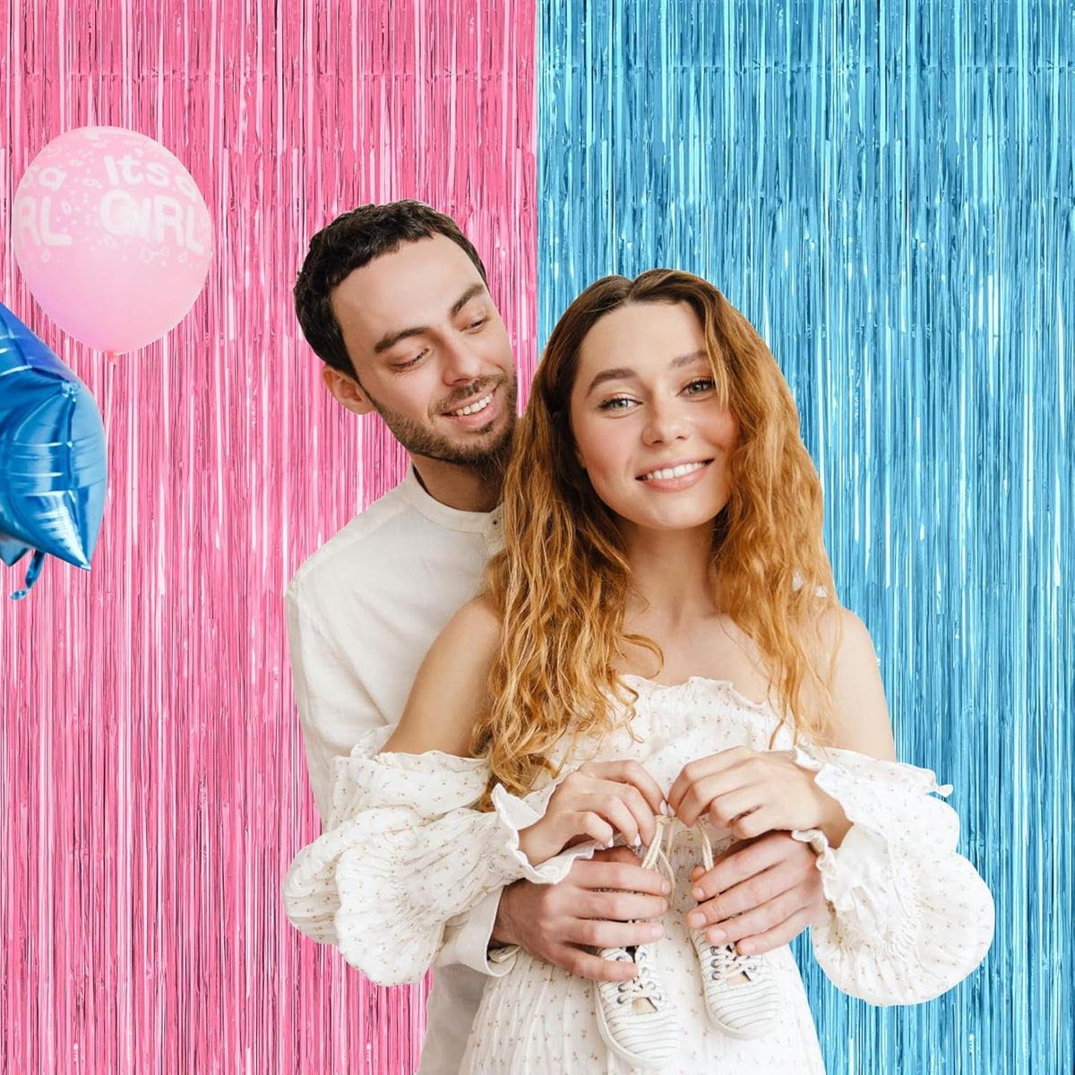 2 Pack Gender Reveal Decorations, 3.28 FT x 7.05 FT Pink and Blue Fringe Backdrop, Metallic Boy or