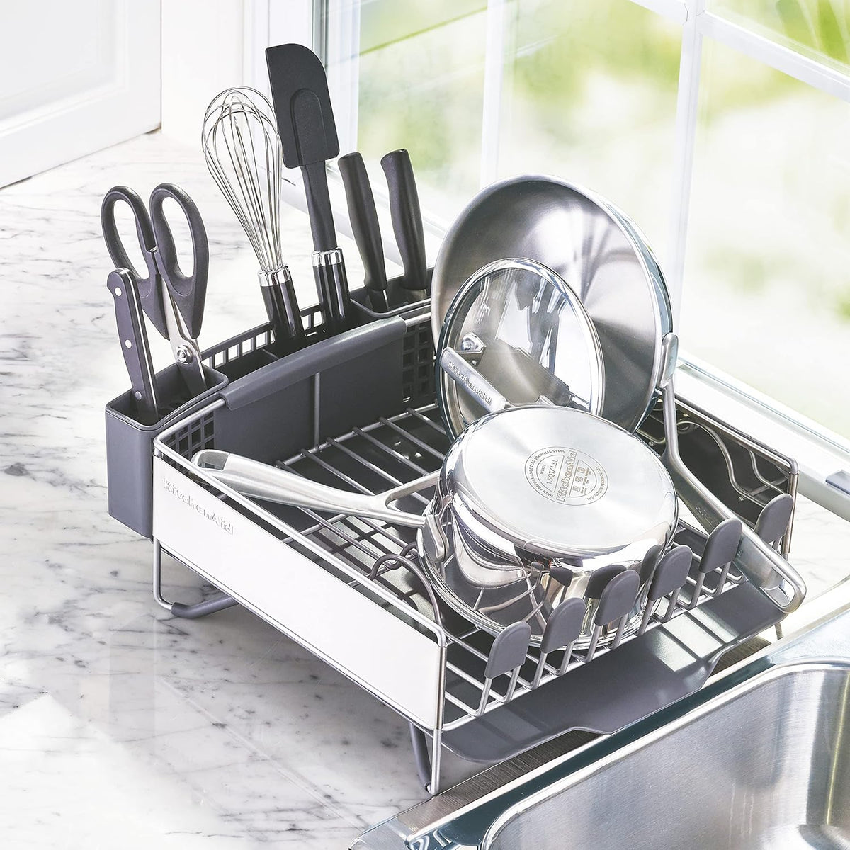 KitchenAid Compact Space Saving, Dish Rack with Removable Flatware Caddy and Angled Self Draining