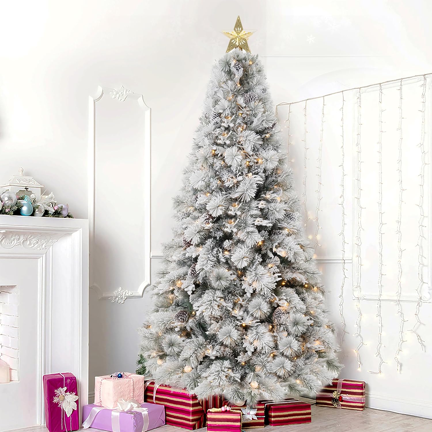 Darla 9ft Snow Flocked Prelit Artificial Christmas Tree with Star Projector, 58 Pine Cones, 1612