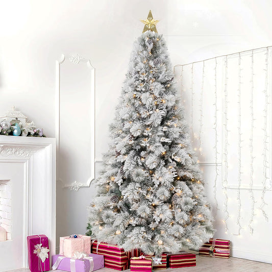 Darla 9ft Snow Flocked Prelit Artificial Christmas Tree with Star Projector, 58 Pine Cones, 1612