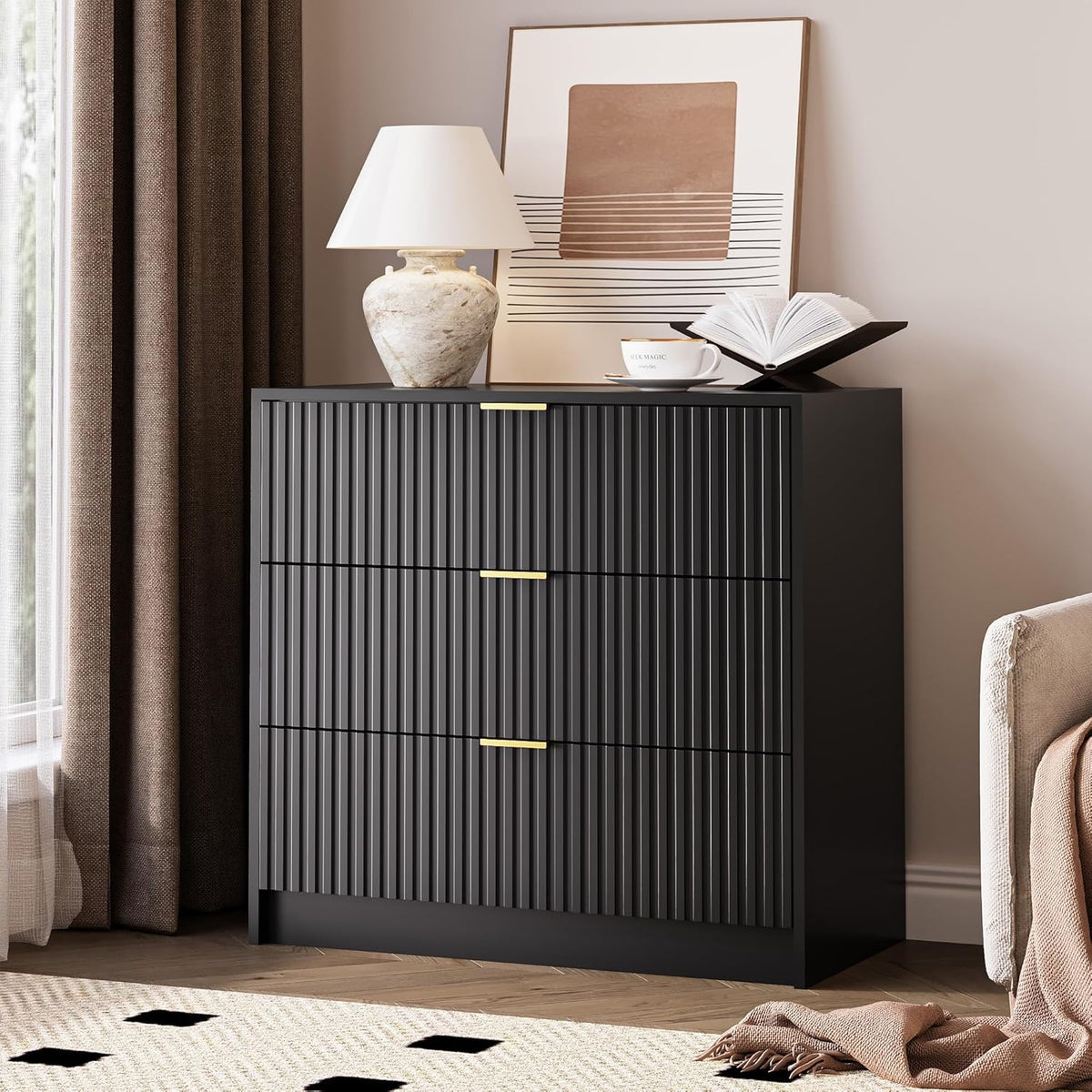 Black Fluted Dresser for Bedroom, 32 Inch Wide Nightstand with Large Drawer, 3 Drawer End Table for