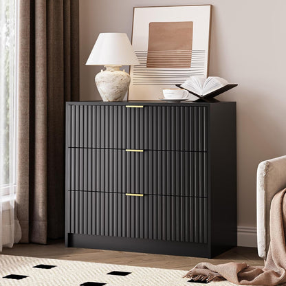 Black Fluted Dresser for Bedroom, 32 Inch Wide Nightstand with Large Drawer, 3 Drawer End Table for