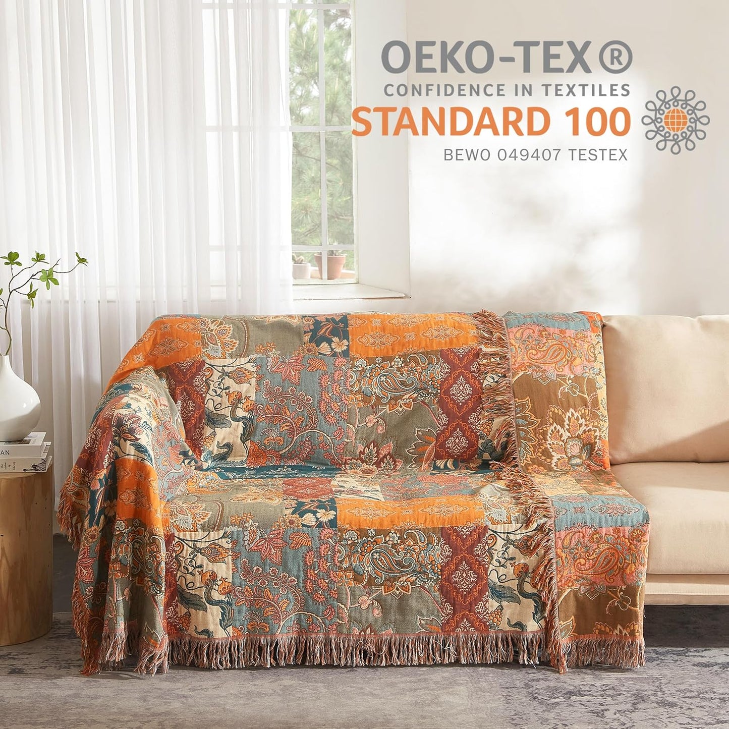 Boho Throw Blanket for Bed 80”x90”, 100% Cotton Woven Blanket for Couch Sofa, Ultra Soft 4-Layer