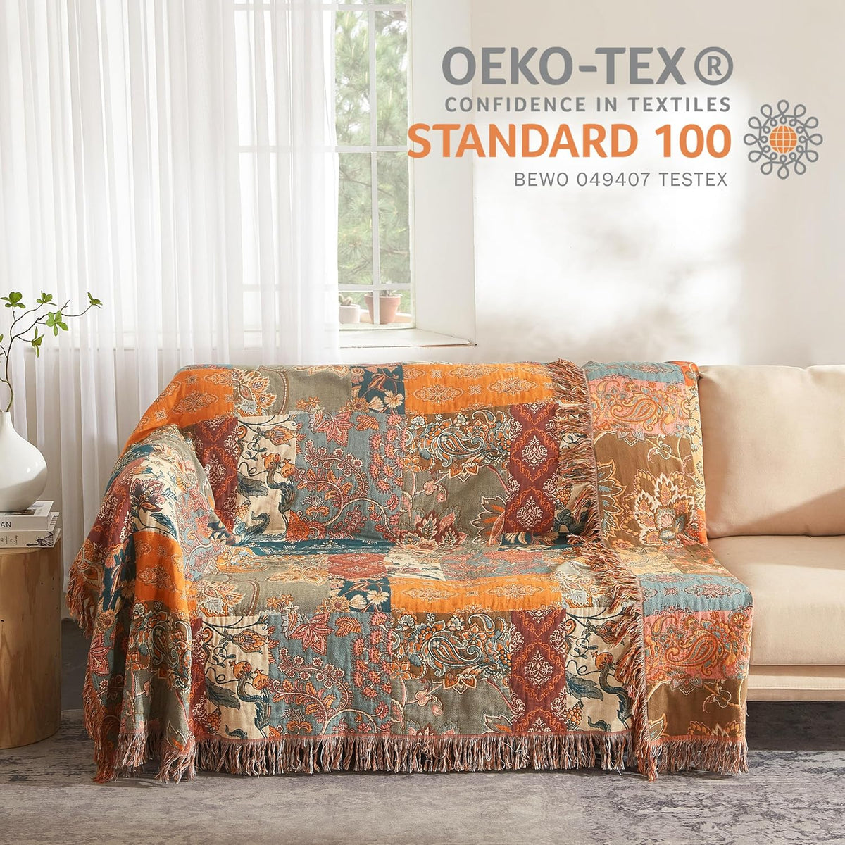Boho Throw Blanket for Bed 90”x98”, 100% Cotton Woven Blanket for Couch Sofa, Ultra Soft 4-Layer