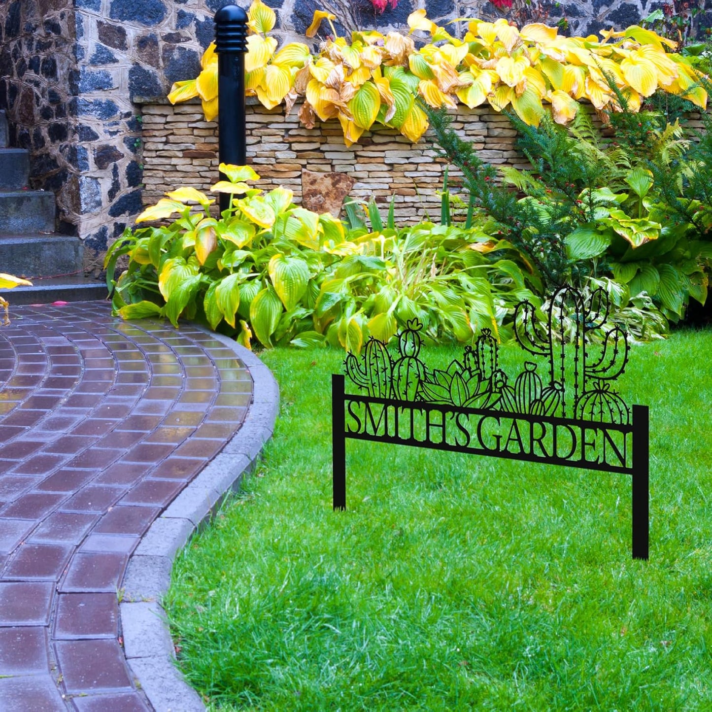 Personalized Cactus Metal Garden Sign, Large Garden Decoration Metal Sign with Stakes, Custom