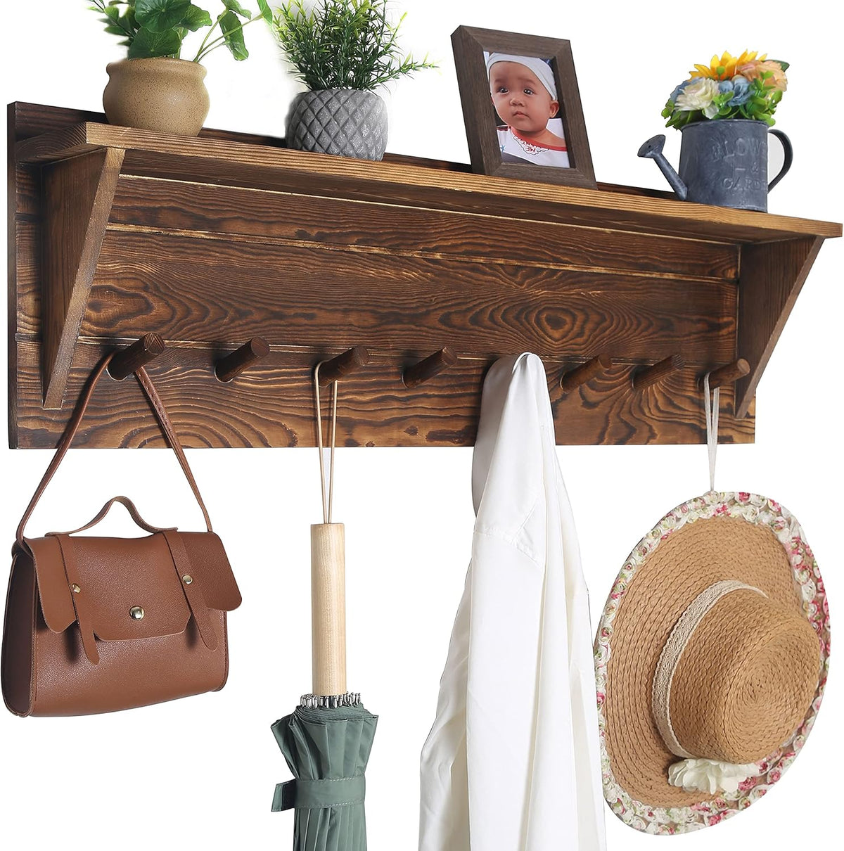 WEBI Coat Rack Wall Mount with Shelf,8 Peg Hooks,34" Long Rustic Entryway Wall Shelf with Hooks