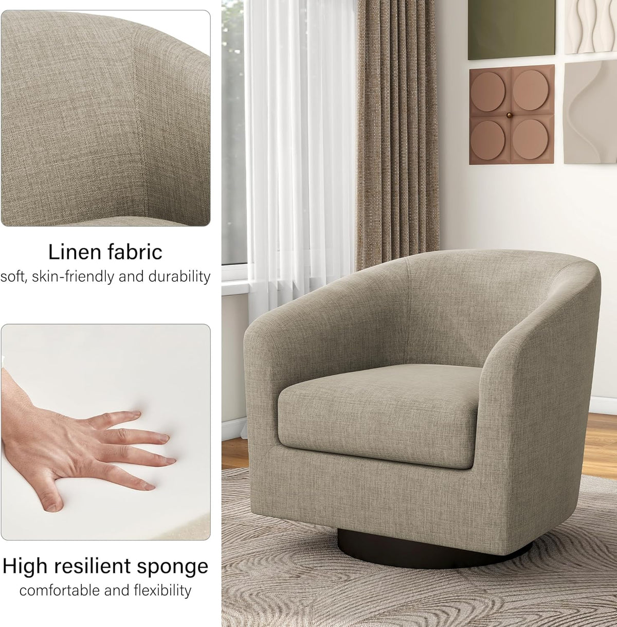 Swivel Barrel Accent Chair, Modern Round Linen Arm Chair for Living Room, Bedroom, Comfy Club