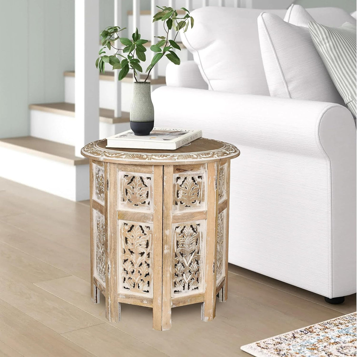 Lightnpro Hand Carved Solid Mango Wood Octagonal Accent Table - 18"×18" White Wash Farmhouse