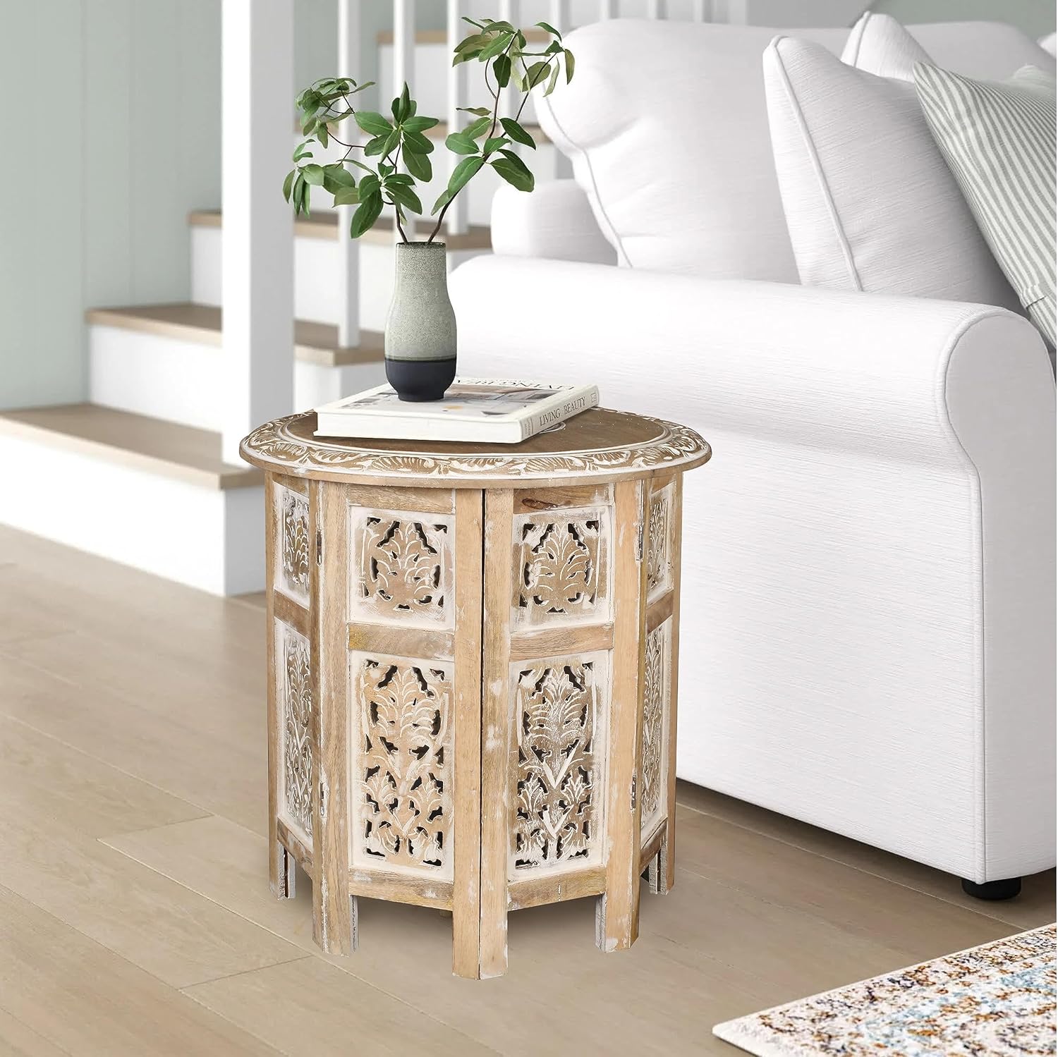 Lightnpro Hand Carved Solid Mango Wood Octagonal Accent Table - 18"×18" White Wash Farmhouse