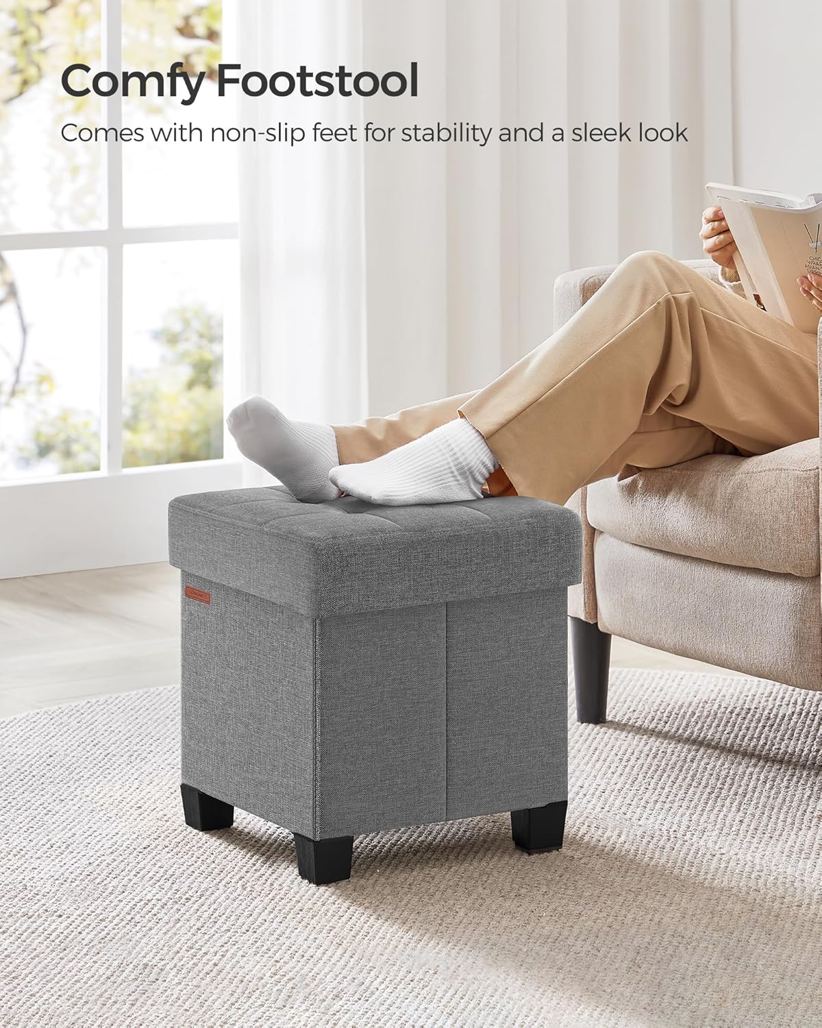 SONGMICS Storage Ottoman, Small Ottoman Foot Rest with Legs, 15 x 15 x 15.7 Inches Foot Stool, Load