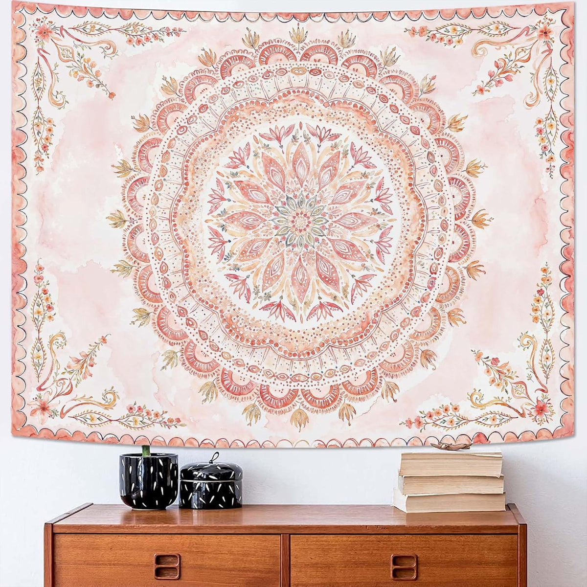 Fowocu Boho Floral Mandala Tapestry Wall Hanging Pink Bohemian Flower Medallion Tapestry Aesthetic