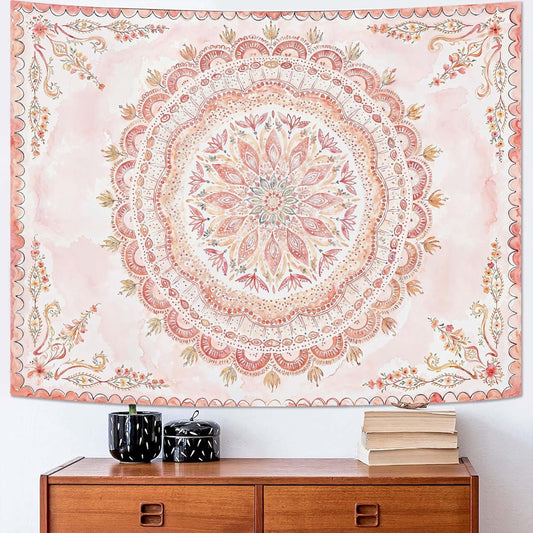 Fowocu Boho Floral Mandala Tapestry Wall Hanging Pink Bohemian Flower Medallion Tapestry Aesthetic