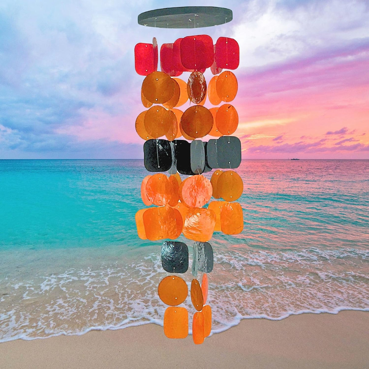 Bellaa 20720 Wind Chimes for Outside Capiz Sea Glass Shells Orange Red Black Outdoor Windchimes