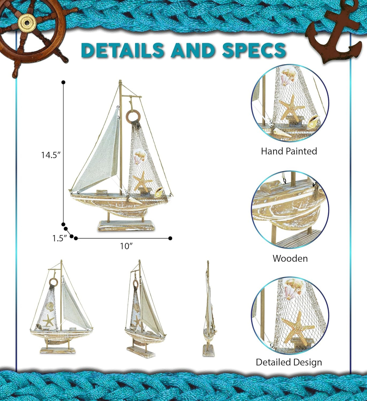 Puzzled Baja Haven Sailboat Decor - Handmade Beach Themed Wooden Boat Home Decor for Living Room