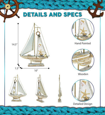 Puzzled Baja Haven Sailboat Decor - Handmade Beach Themed Wooden Boat Home Decor for Living Room