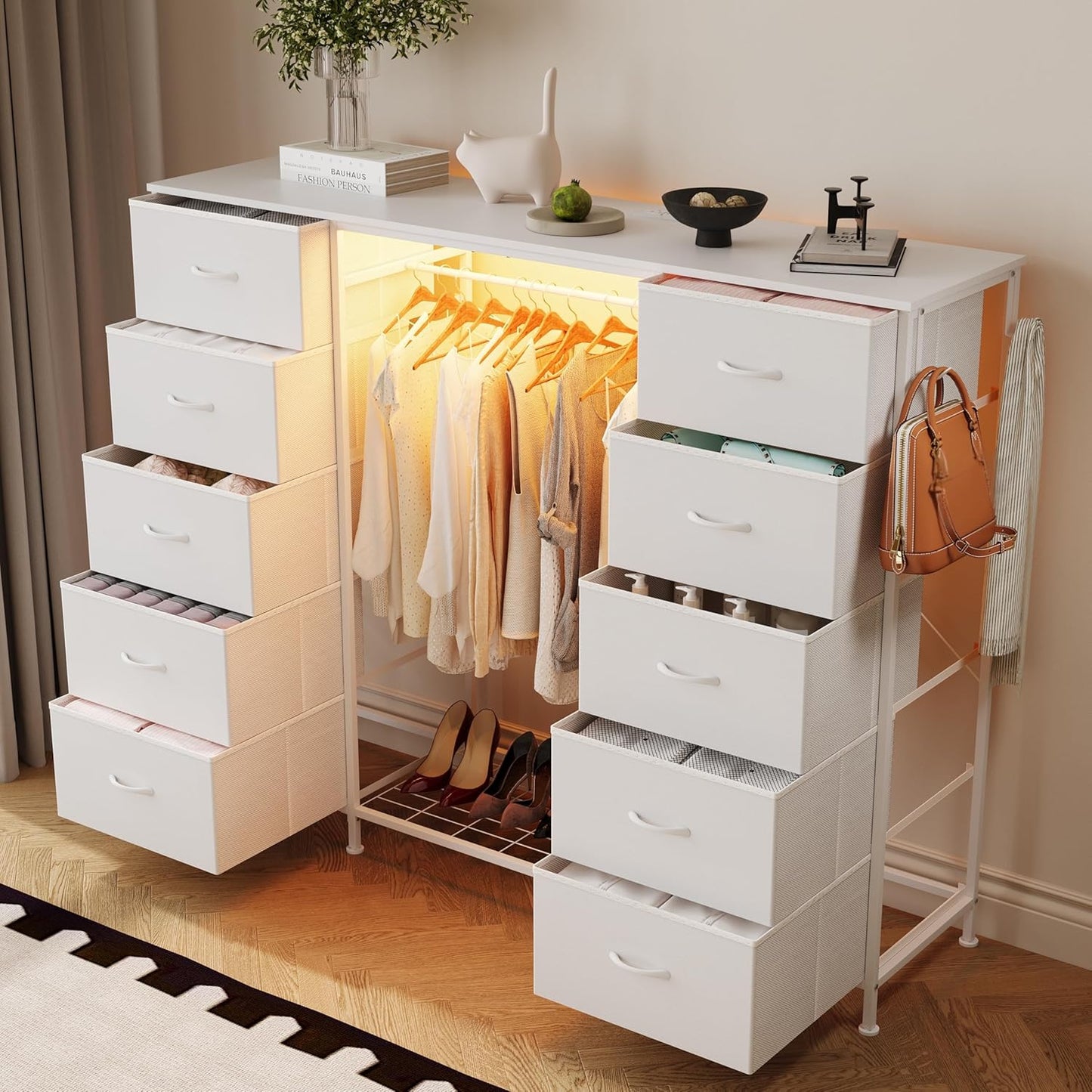 LUMTOK 55" W 2-in-1 Dresser with Hanging Rack, 10 Drawers Dresser for Bedroom, White Drawer