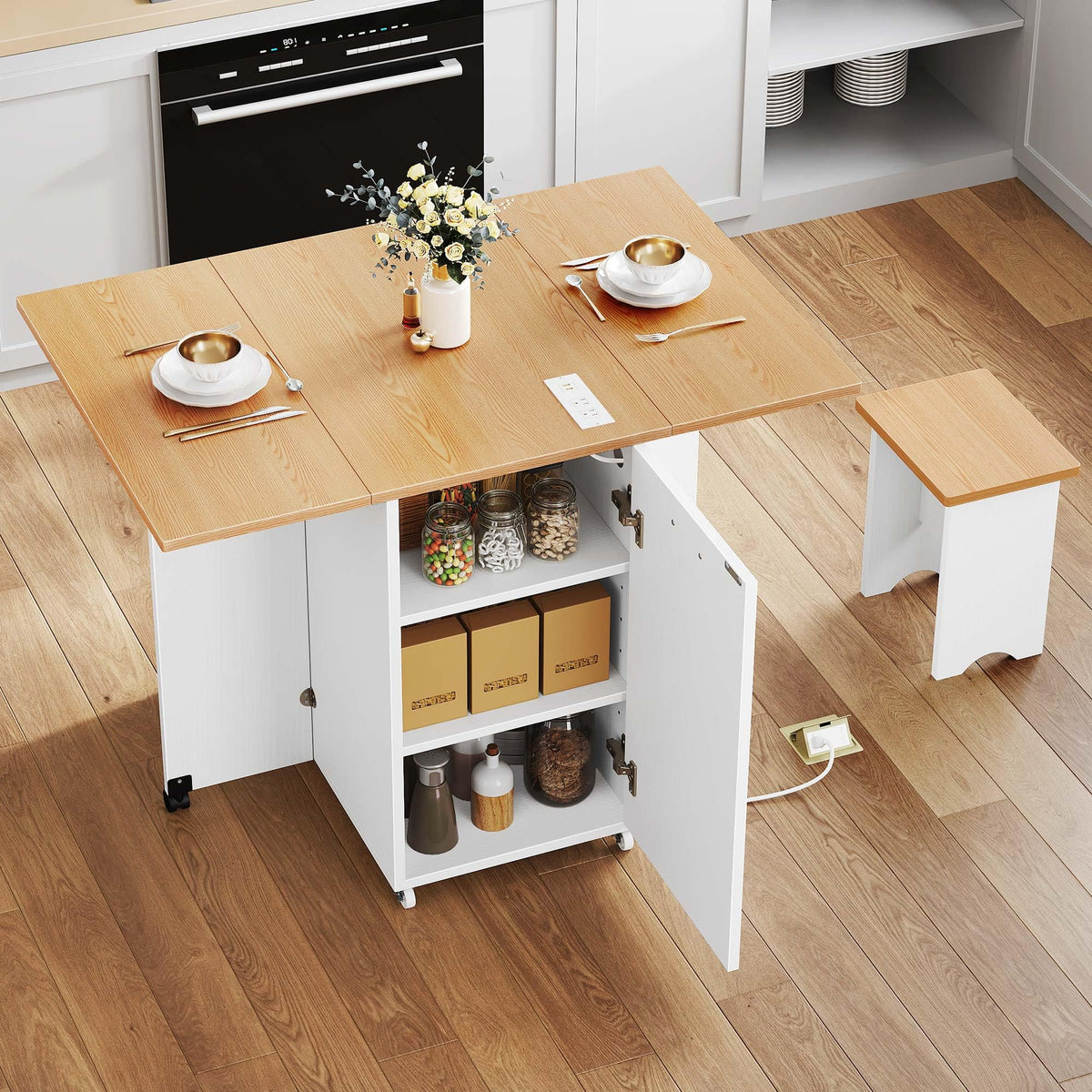 YITAHOME Folding Kitchen Table with Power Outlet, Drop Leaf Kitchen Table Islands for 2 on Wheels