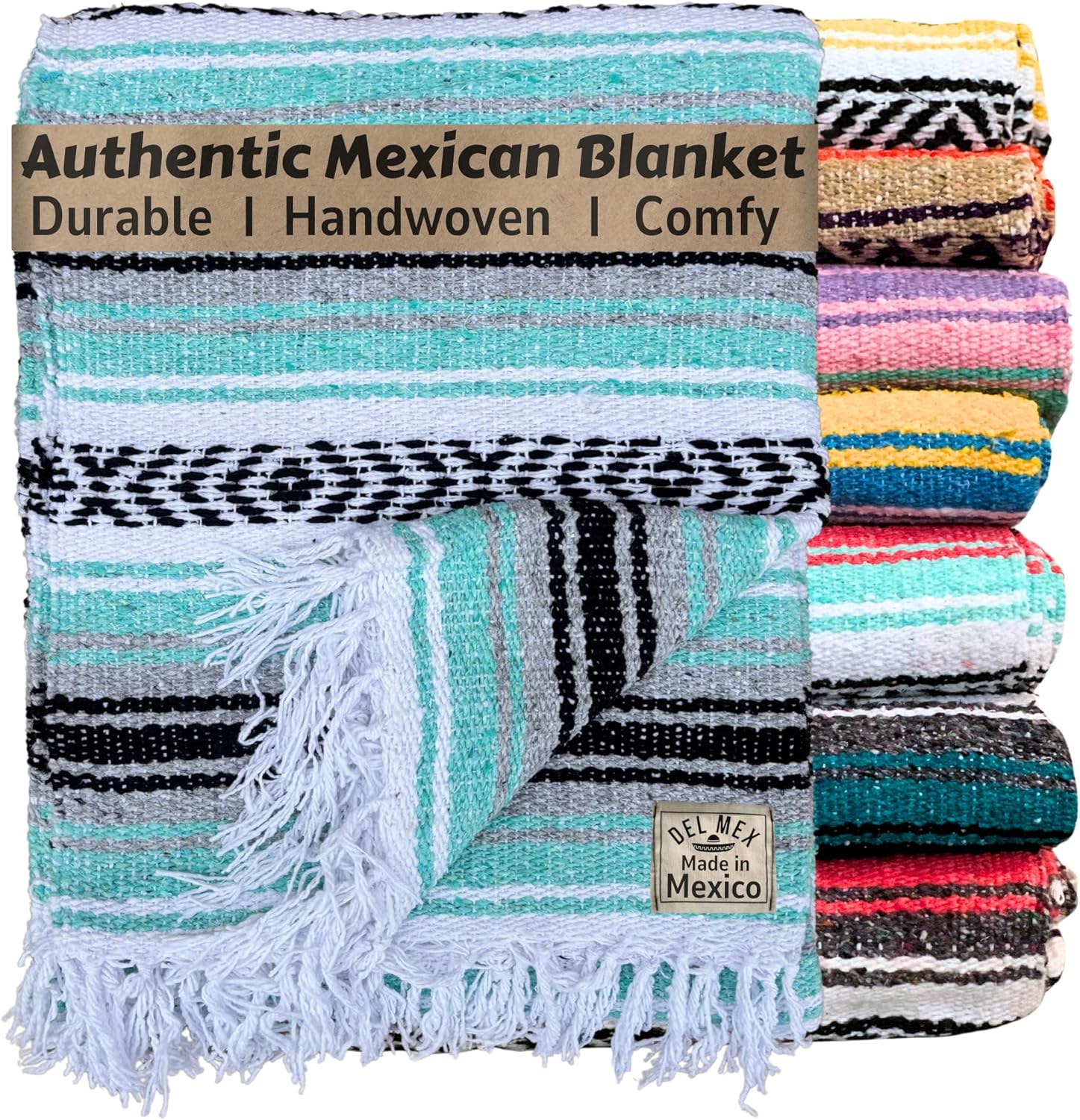 Del Mex Classic Mexican Blanket, Large Authentic Woven Falsa Throw (70"x50"), Artisan Southwest